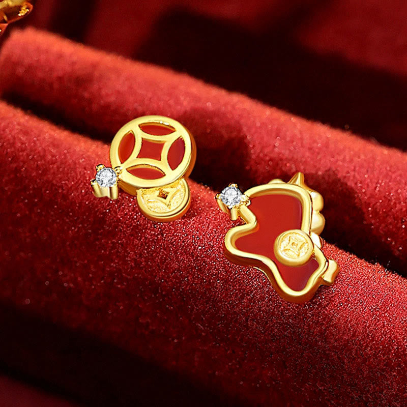 Buddha Stones 925 Sterling Silver Coin Red Agate Year of the Horse Asymmetric Protection Earrings