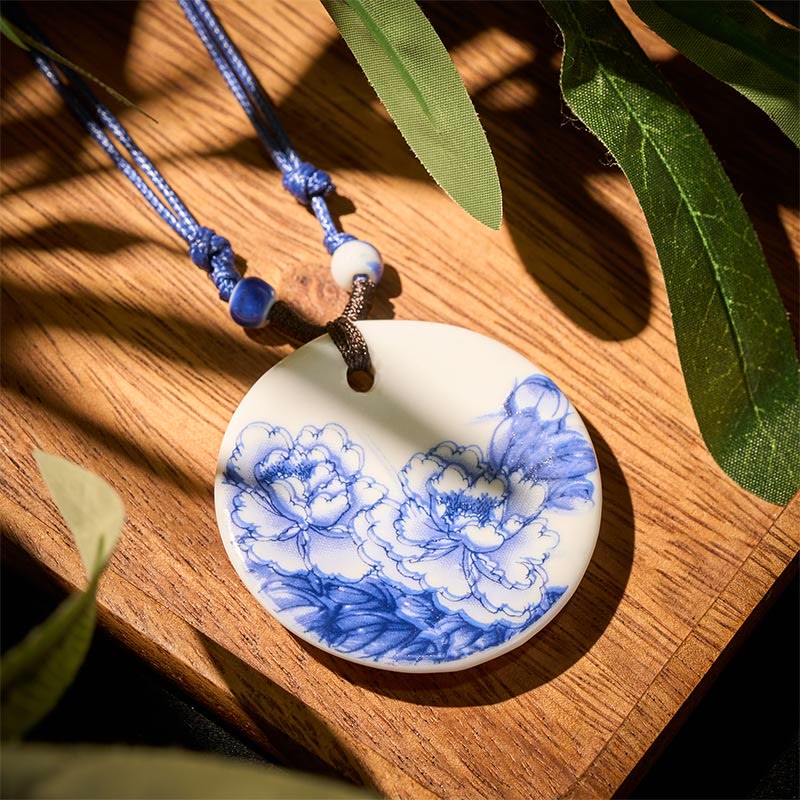 Buddha Stones Peony Peach Blossoms Lotus Symbol Ceramics Necklace Enlightenment Pendant
