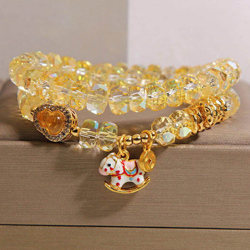 Buddha Stones Chinese Zodiac Year of the Horse Crystal Glass Copper Coin Gourd Double Wrap Bracelet