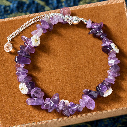 Buddha Stones Irregular Crystal Flower Design Amethyst White Crystal Balance Bracelet
