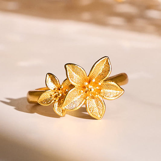 Buddha Stones Lilac Flower Adjustable 24k Gold Plated Copper Brass Ring