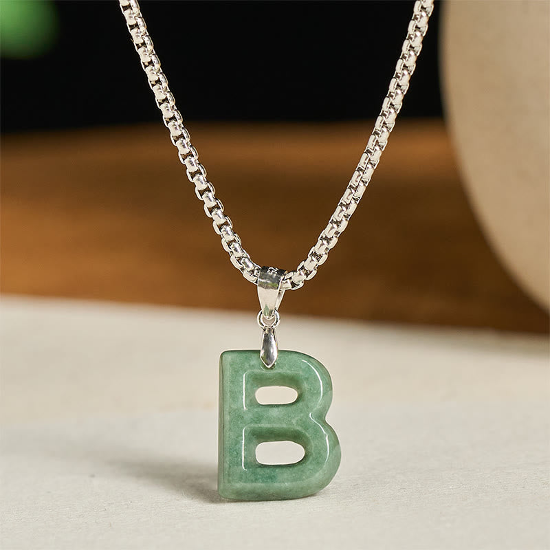 Buddha Stones Natural A-z Letter Jade Titanium Steel Wide Chain Prosperity Necklace Pendant