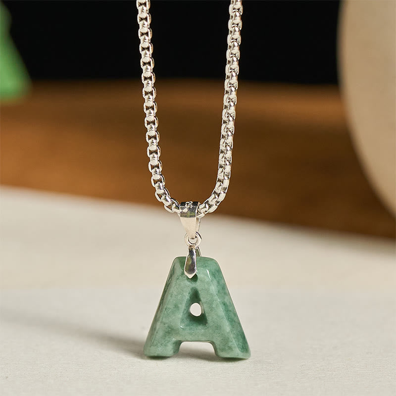 Buddha Stones Natural A-z Letter Jade Titanium Steel Wide Chain Prosperity Necklace Pendant