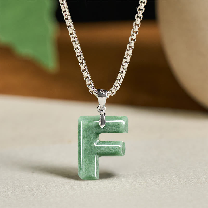 Buddha Stones Natural A-z Letter Jade Titanium Steel Wide Chain Prosperity Necklace Pendant