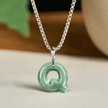 Buddha Stones Natural A-z Letter Jade Titanium Steel Wide Chain Prosperity Necklace Pendant