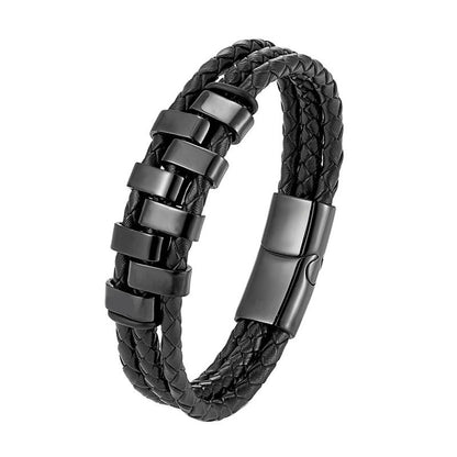 Buddha Stones Geometric Design Titanium Steel Leather Strengthen Bracelet