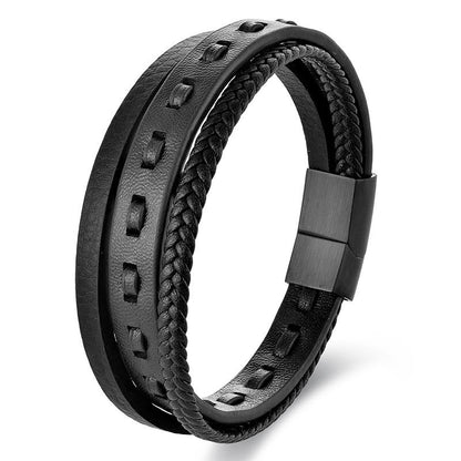 Buddha Stones Titanium Steel Buckle Multilayered Braided Leather Calm Bracelet