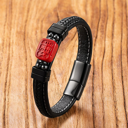 Buddha Stones Cinnabar Buddha Symbol Koi Fish Dragon Fu Character Pi Xiu Design Leather Blessing Bracelet