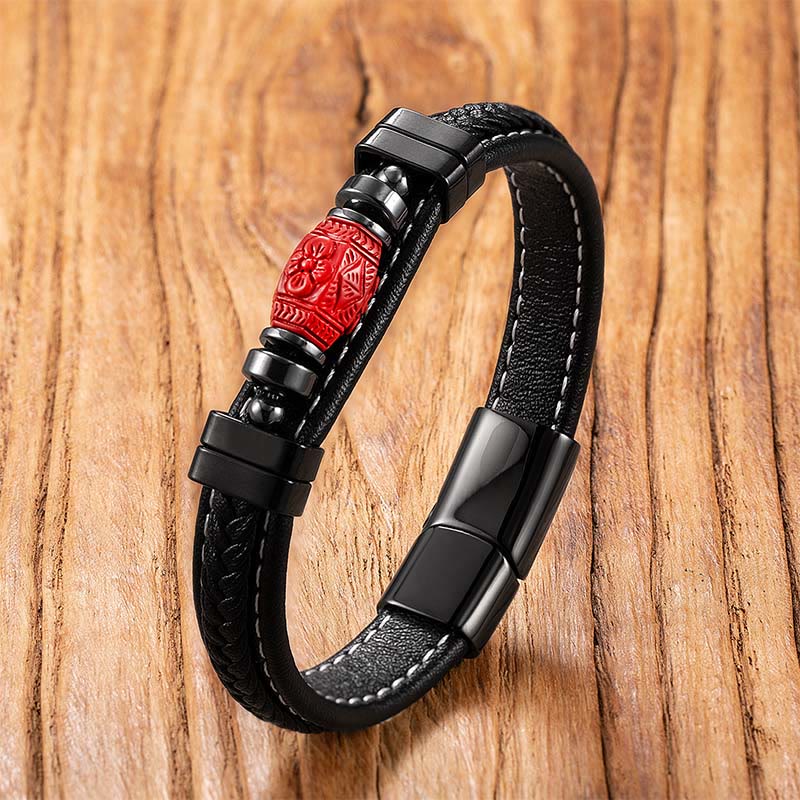 Buddha Stones Cinnabar Buddha Symbol Koi Fish Dragon Fu Character Pi Xiu Design Leather Blessing Bracelet
