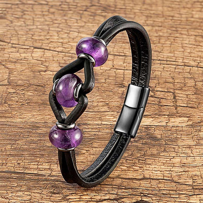 Buddha Stones Amethyst Crystal Stone Double Leather Relieves Stress Round Bracelet