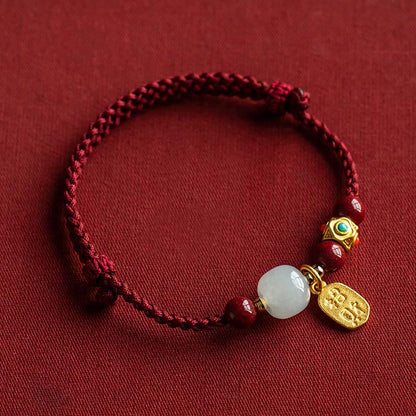 Buddha Stones Lucky Fortune Charm Hetian Cyan Jade White Jade Multicolored Braided String Prosperity Bracelet