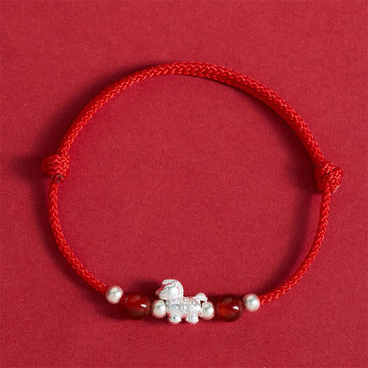 Buddha Stones 999 Sterling Silver Red Agate Year of the Horse Prosperity String Bracelet