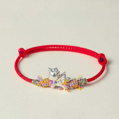 Buddha Stones Year of the Horse 999 Sterling Silver Winged Horse Fu Character Red String Luck Bracelet