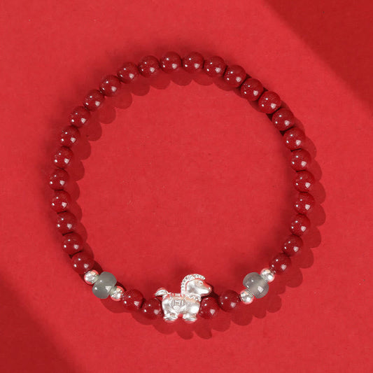 Buddha Stones Year of the Horse Cinnabar Jade Red String Blessing Bracelet
