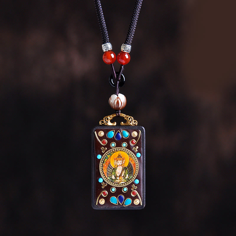 Buddha Stones Thangka Yin Yang Copper Coins Ebony Wood Zakiram Balance Pendant Necklace