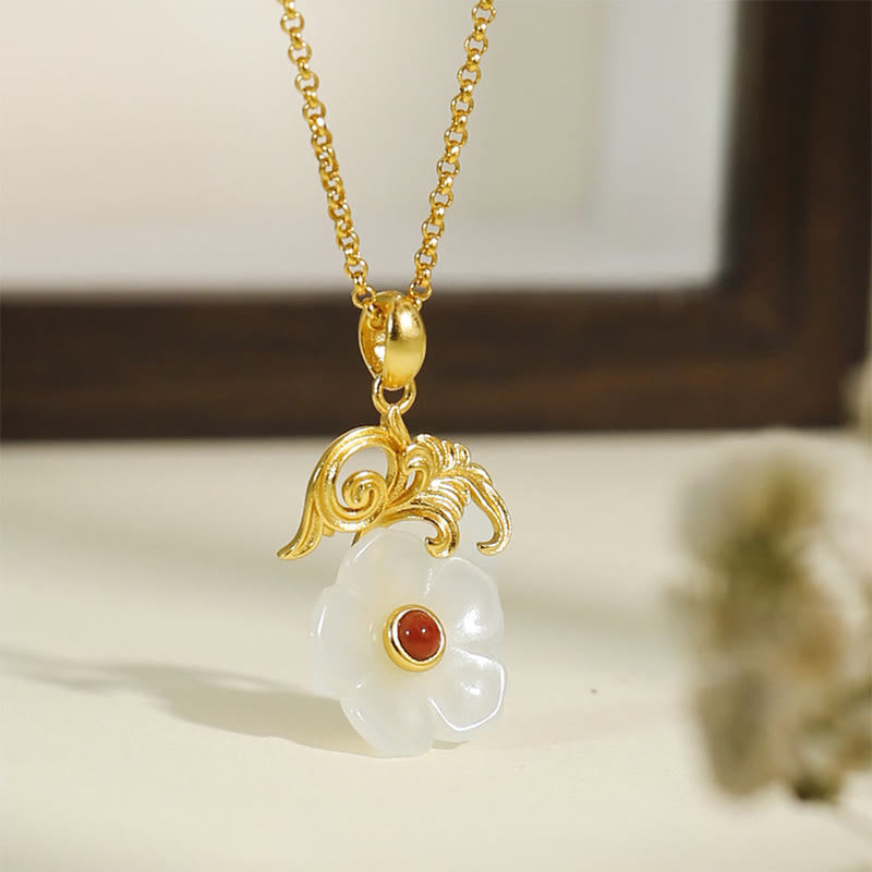 Buddha Stones Hetian Jade Flower 925 Sterling Silver Luck Necklace Pendant