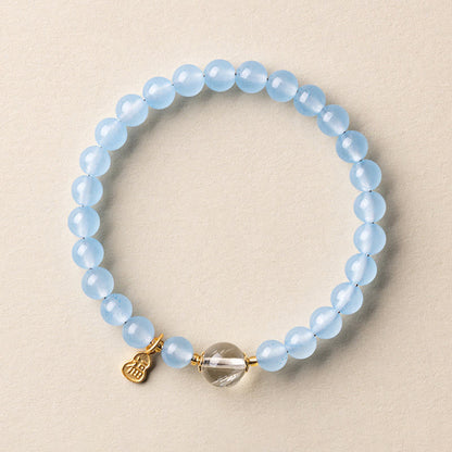 Buddha Stones Natural Aquamarine Fu Character Lucky Fortune Healing Bracelet