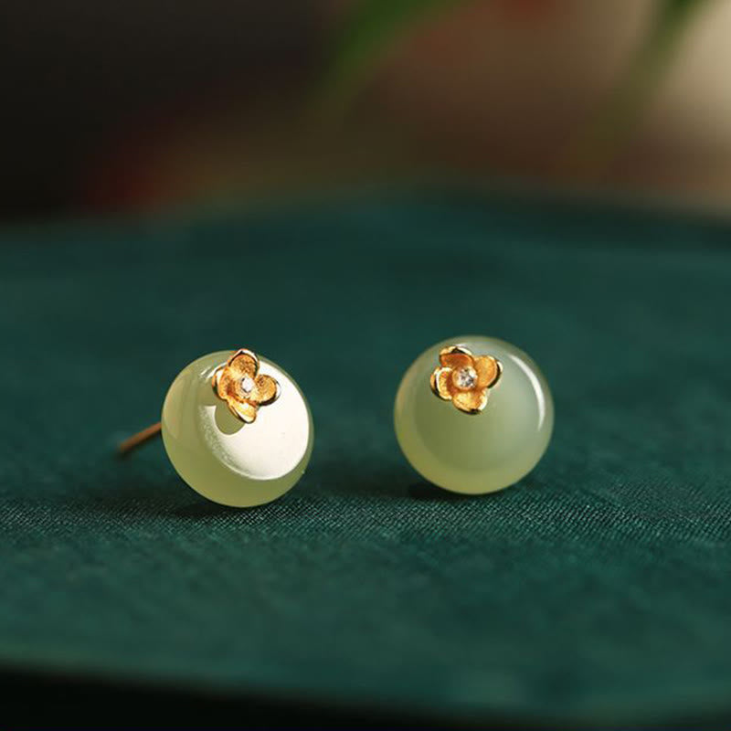 Buddha Stones Cyan Jade 925 Sterling Silver Flower Harmony Earrings