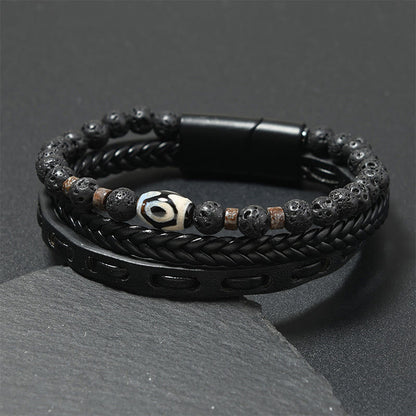 Buddha Stones Dzi Bead Lava Rock Multilayered Braided Leather Wealth Bracelet