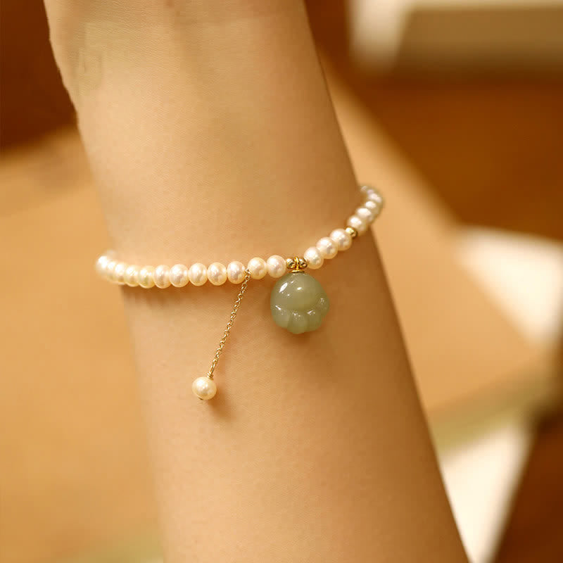 Buddha Stones Natural Hetian Jade Cat Paw Design Pearl Luck Bracelet