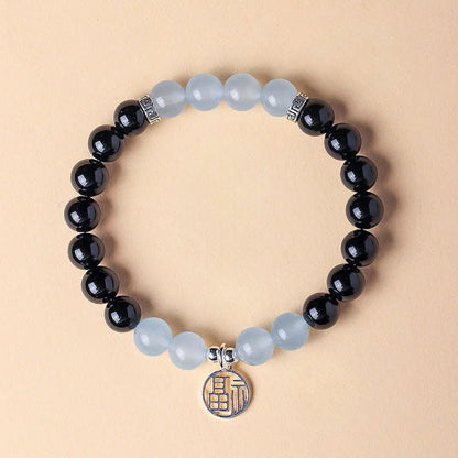 Buddha Stones Black Onyx Fu Character Beaded Luck Bracelet
