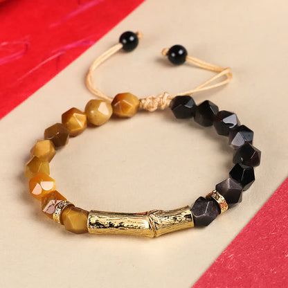Buddha Stones Tiger Eye Silver Sheen Obsidian Bamboo Growth Faceted Bracelet