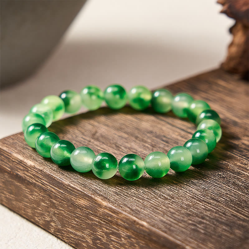 Buddha Stones White Chalcedony Healing Green Floating Flower Round Beaded Bracelet