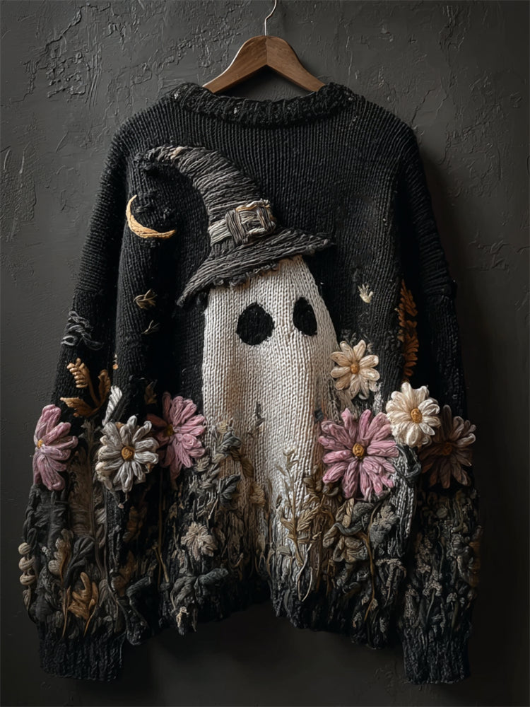 Comstylish Halloween Lovely Witch Hat Ghost Floral Cozy Knit Sweater