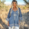 Women's Retro Floral Lace Comfortable Cotton And Linen V-neck Shirt elevenforest