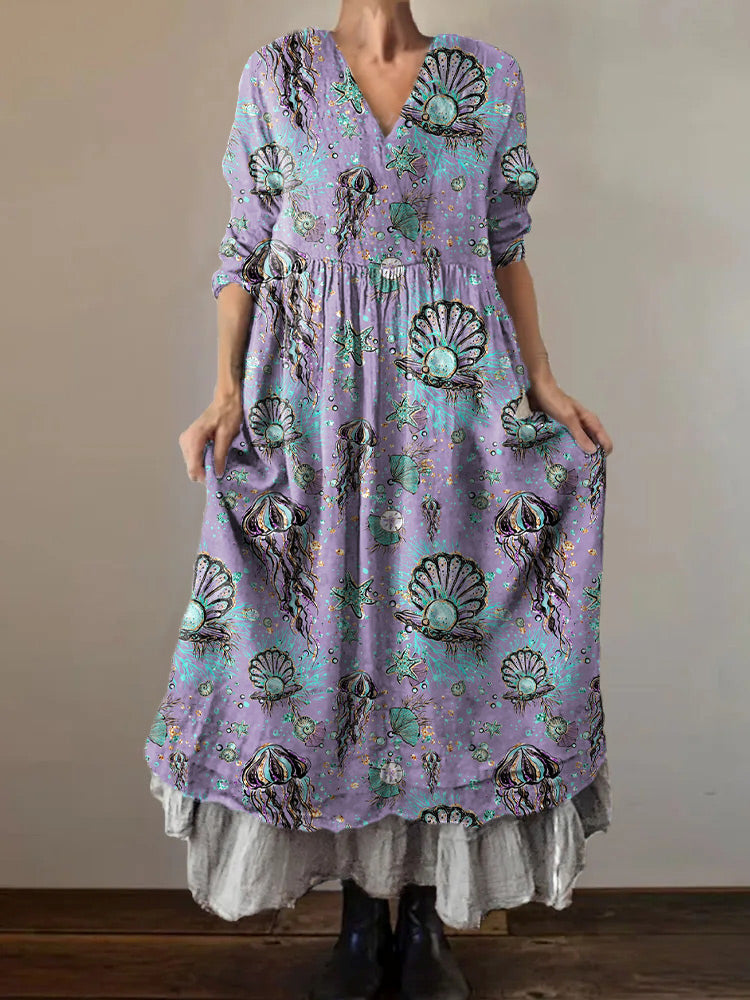 Women's Hippie Art Painting Underwater World Printed V-Neck Dress