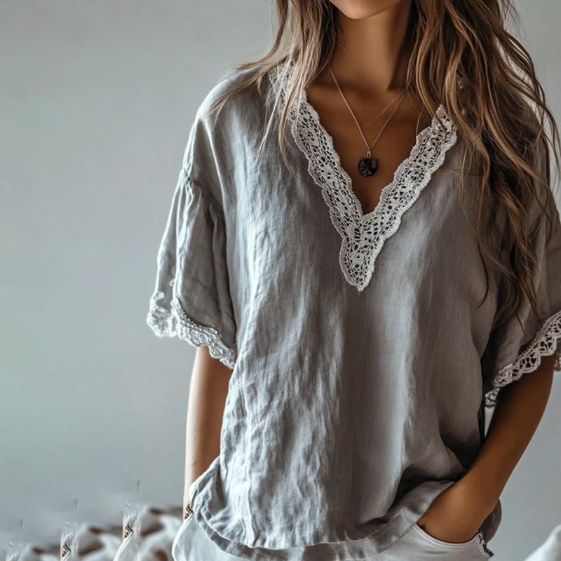 Vintage Lace Art Cotton Linen Comfy Short Sleeve Shirt elevenforest