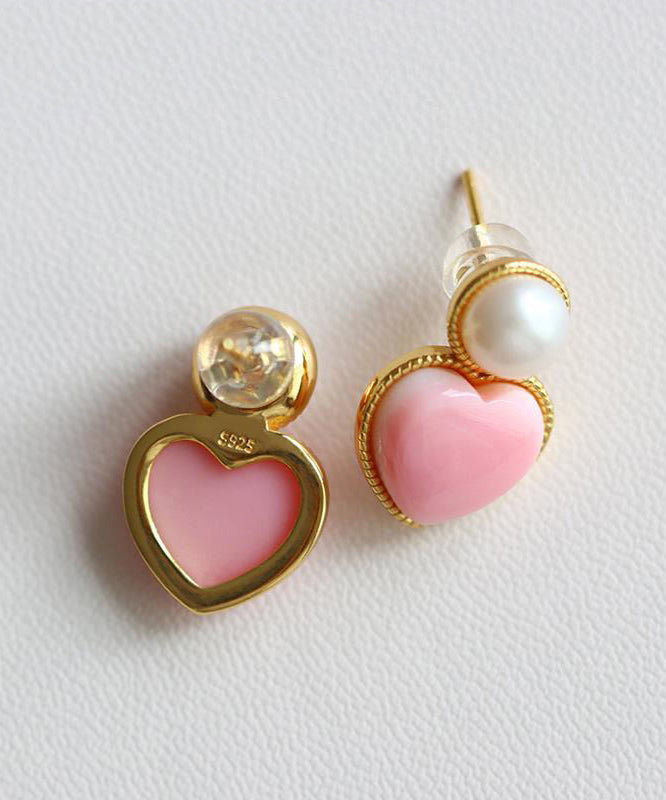 Pink Sterling Silver Overgild Love Pearl Stud Earrings