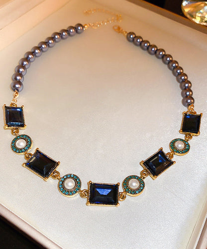 Colorblock Alloy Pearl Zircon Collar Necklace