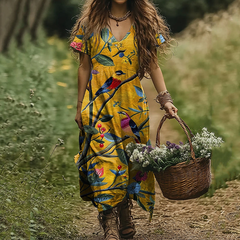 Women's Vintage Floral Bird Print V-neck Loose Midi Dress elevenforest