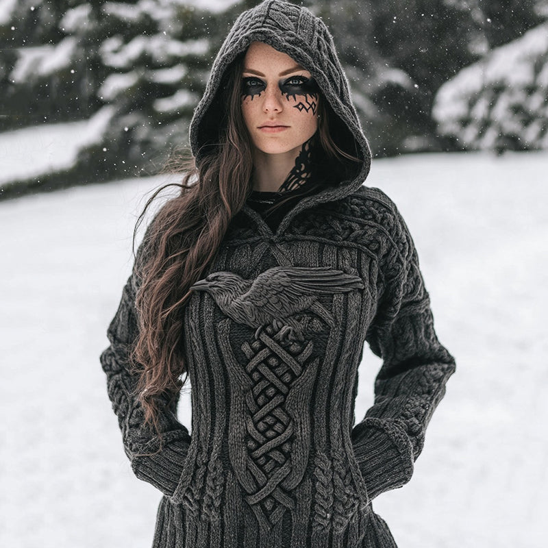 Women's Vintage Viking Raven Dark Celtic Mythology Hooded Sweater elevenforest