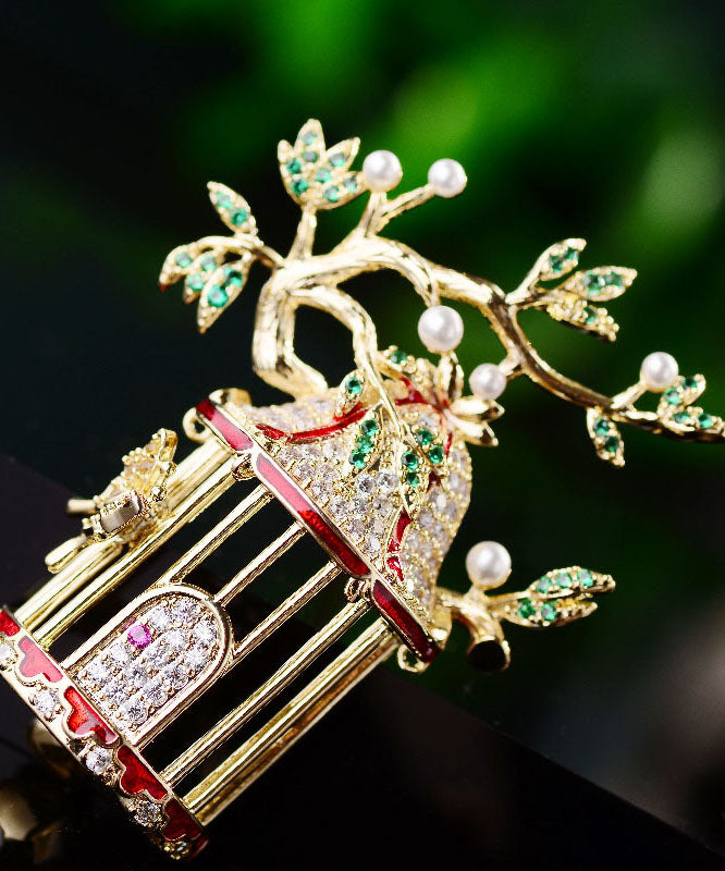 Yellow Zircon Crystal Pearl Bird Cage Brooches