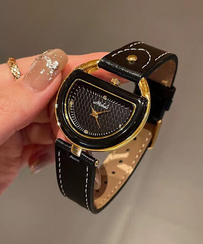 Art Black Leather Quartz Movement Hardlex Crystal Watches
