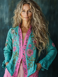 Bohemian Holiday Style Linen Floral Print  Long Sleeve Shirt elevenforest