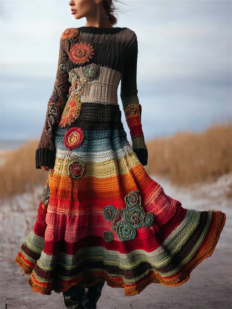 Boho Floral Crochet Colorful Striped Maxi Sweater Dress elevenforest