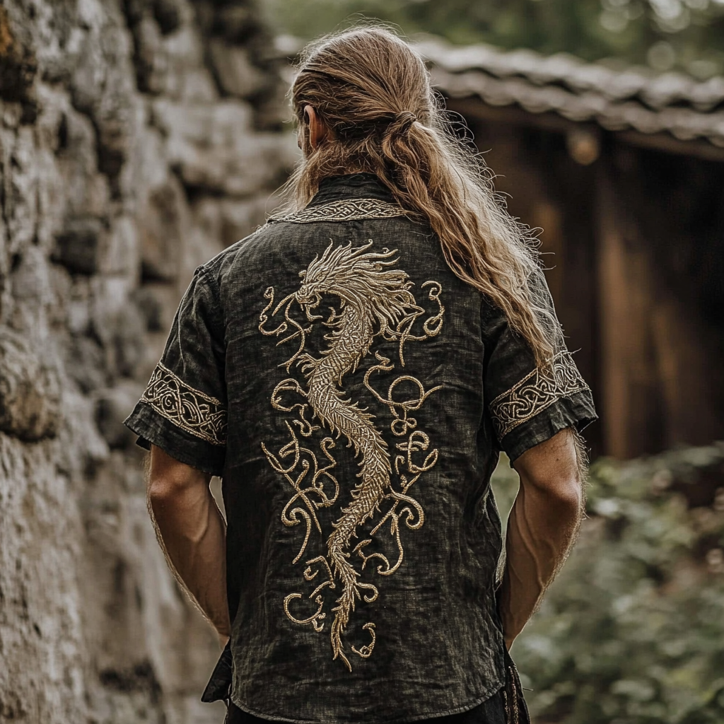 Men's Viking Dragon Rune Print Short Sleeve V-neck T-shirt elevenforest