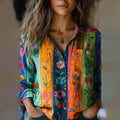 Vintage Striped Floral Print Women's Linen Shirt elevenforest