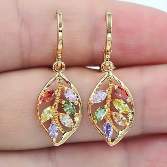 Colorful Zirconia Golden Leaf Earrings