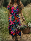 Women's Art Floral Vintage Print V-Neck Dress