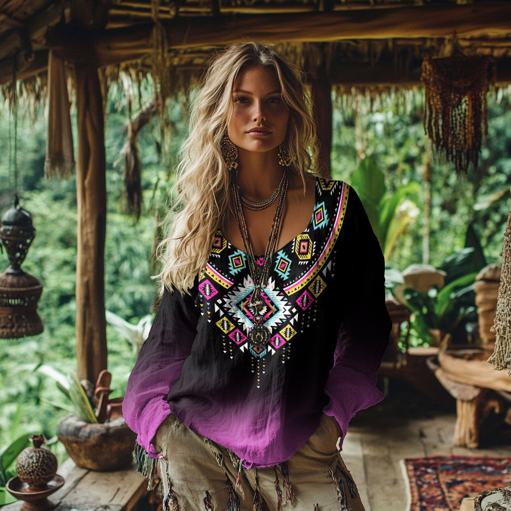 Retro Bohemian Resort Ethnic Gradient Pattern Art Embroidery Cotton And Linen Blend Loose Blouse elevenforest