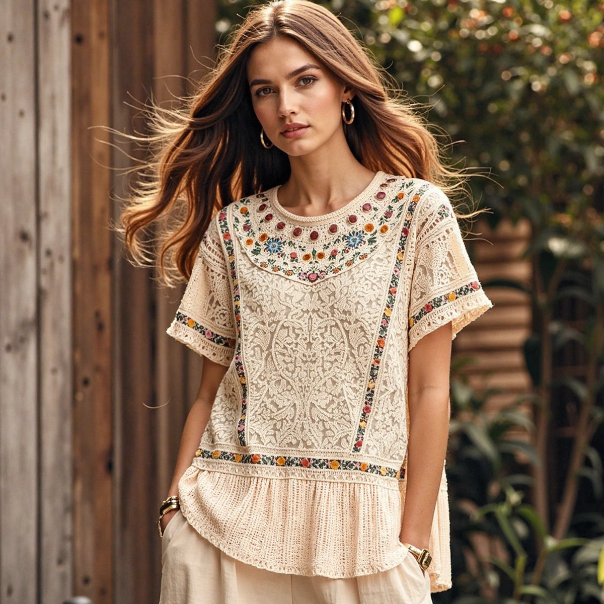 Women's Bohemian Floral Art Linen Short Sleeve T-shirt elevenforest