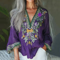 Vintage Floral Embroidery Linen Art V-neck Shirt elevenforest