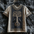 Men's Viking Raven And Tree Of Life Runes Celtic Knot Patchwork Linen T-shirt elevenforest
