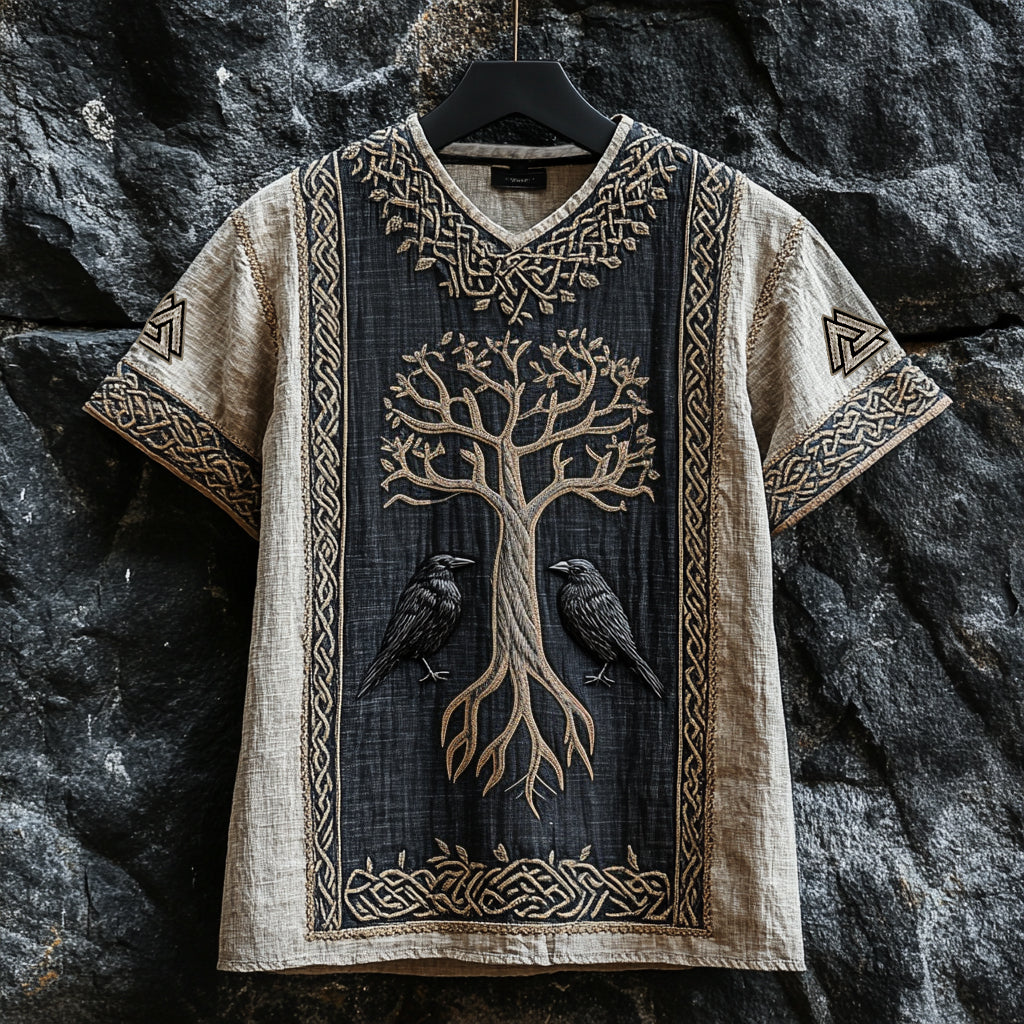 Men's Viking Raven And Tree Of Life Runes Celtic Knot Patchwork Linen T-shirt elevenforest