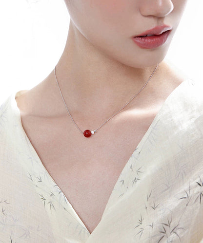 New Red Sphere Agate Carrying Pearl Copper Necklace