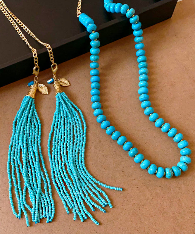 Gold Alloy Turquoise Beading Tassel Gratuated Bead Necklace